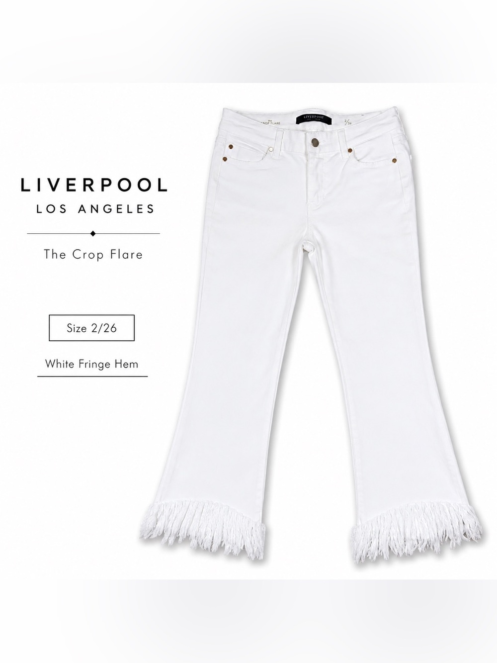 Liverpool Los Angeles Crop Flare White Fringe Jeans Size 2/26 Boho Hippie